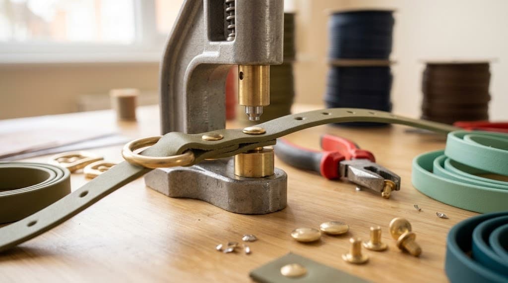 BioThane strapping and brass hardware laid out on a workbench